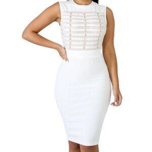 Elegant White Bandage Midi Dress with Gold Detail | Size Small